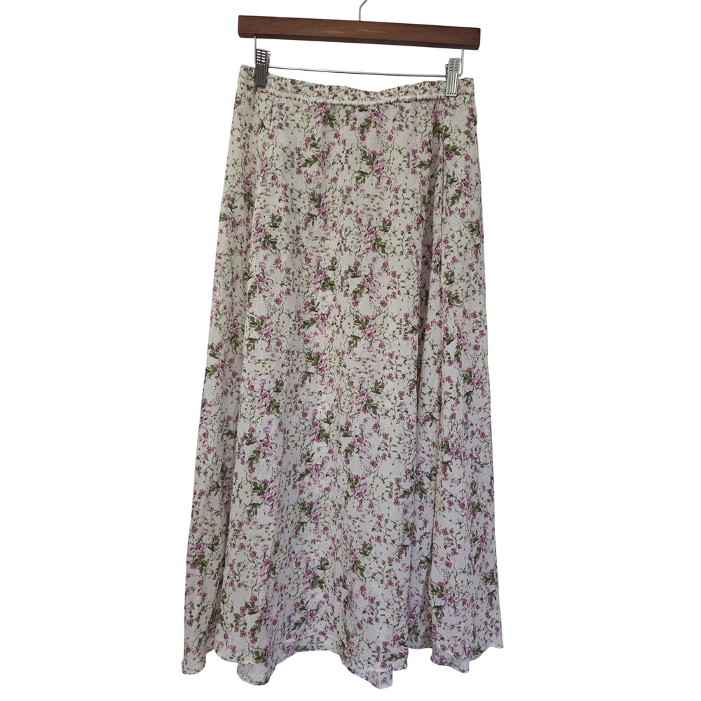 Max Studio Midi Skirt Textured Crepe Elastic Waist Women M Cream Floral NWOT